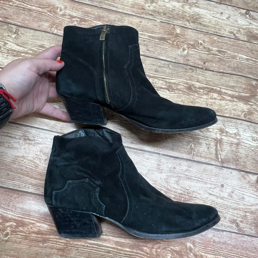 Plomo Boots Womens Eur 39 Ankle Bootie Black Suede Side Zip Low Heels Almond Toe